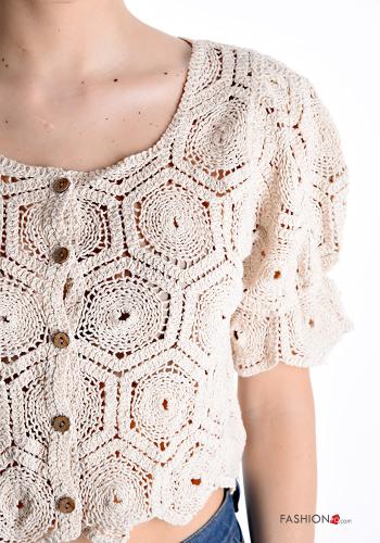 Top de Algodón mangas de globo/ abullonada crochet manga corta corto Patrón bordado con botones - ph 4