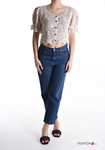 Top de Algodón mangas de globo/ abullonada crochet manga corta corto Patrón bordado con botones - ph 5