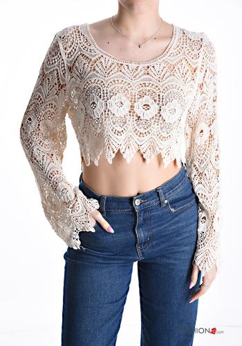 Top in Cotone maniche lunghe girocollo corto uncinetto Fantasia ricamata - ph 1