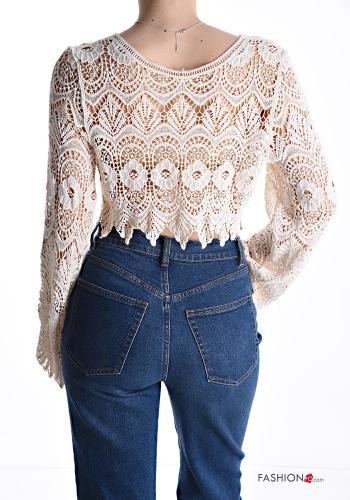 Top in Cotone maniche lunghe girocollo corto uncinetto Fantasia ricamata - ph 2