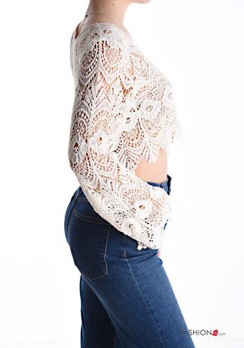 Top in Cotone maniche lunghe girocollo corto uncinetto Fantasia ricamata - ph 3