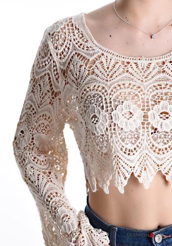 Top in Cotone maniche lunghe girocollo corto uncinetto Fantasia ricamata - ph 4