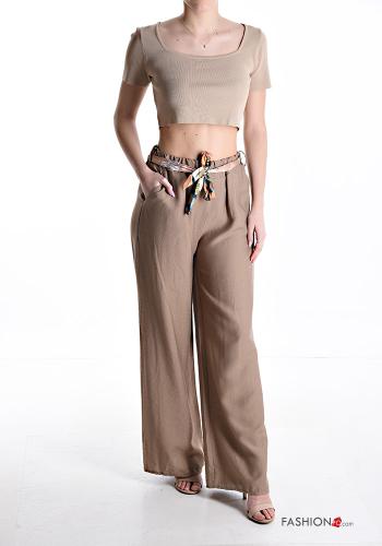 Pantalon wide leg longue avec ceinture en tissu avec poches avec élastique - ph 5