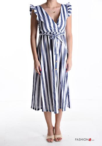 Striped ruffle sleeve Cotton Dress with buttons with fabric belt with v-neck - ph 1