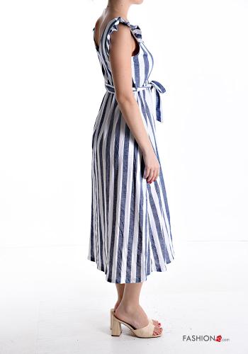 Striped ruffle sleeve Cotton Dress with buttons with fabric belt with v-neck - ph 3