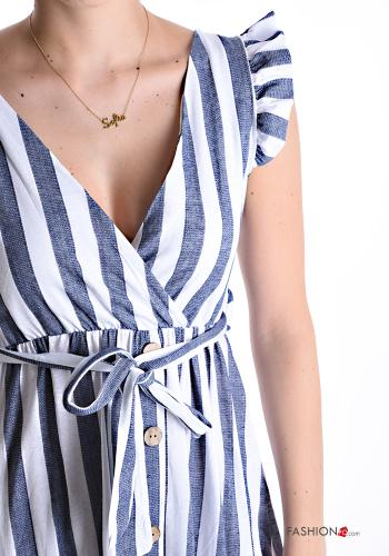 Striped ruffle sleeve Cotton Dress with buttons with fabric belt with v-neck - ph 4