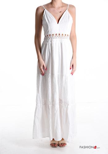 Embroidered long backless adjustable Cotton Dress with flounces broderie anglaise with v-neck - ph 1