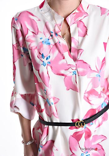 Vestido por la rodilla Estampado Floral con cuello en v con cinturón manga tres cuartos - ph 4