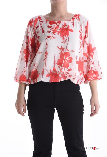 Floral chiffon crew neck Shirt 3/4 sleeve - ph 1