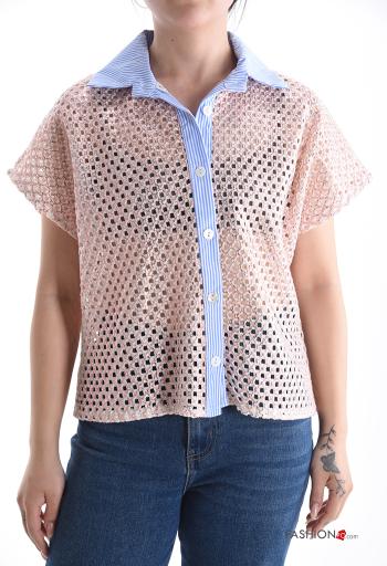 Camisa de rejilla manga corta con cuello Estampado mixto con botones