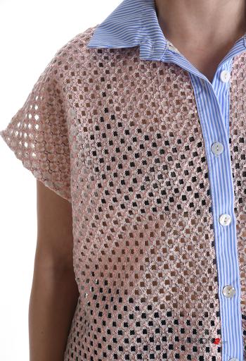 Camisa de rejilla manga corta con cuello Estampado mixto con botones - ph 4