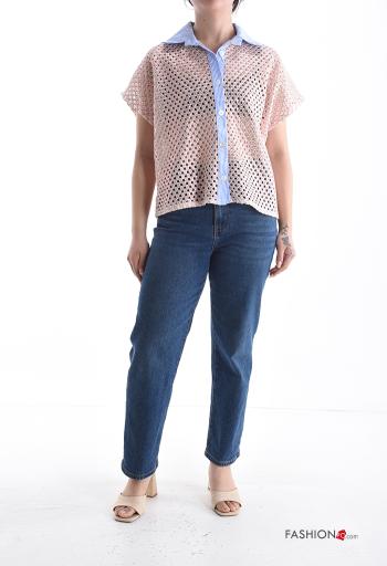 Camisa de rejilla manga corta con cuello Estampado mixto con botones - ph 5