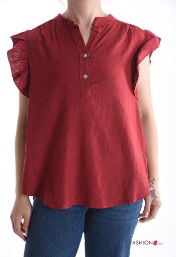 Blusa em Linho manga curta manga com folhos com botões