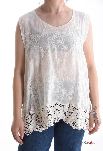 Top de Algodón sin mangas encaje cuello redondo Patrón bordado