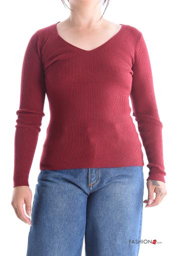Camisola em jersey canelado manga comprida gola V - ph 1