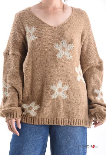 Camisola em Lã mista manga comprida Floral gola V