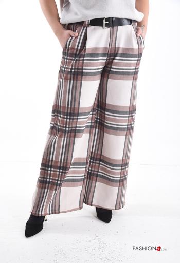 Pantalon wide leg Motif tartan avec ceinture avec poches