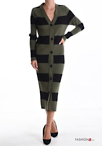 Striped Ribbed long sleeve Dress with buttons with v-neck - ph 1