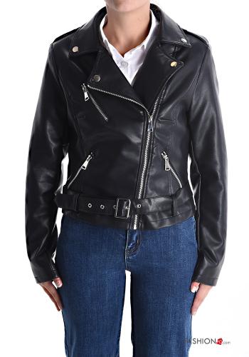 faux leather with buckle Biker Jacket with pockets with zip - ph 1