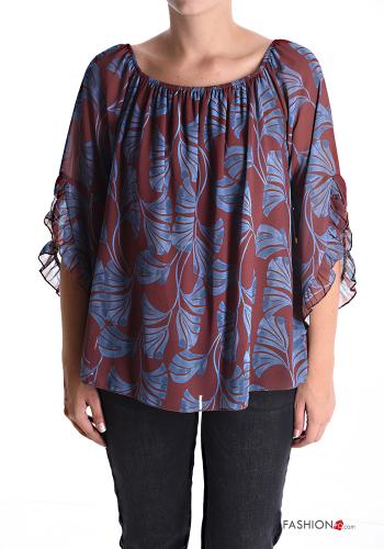 Blumenmuster chiffon Bluse mit gummizug 3/4 ärmel - ph 1