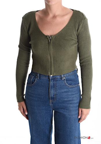 long sleeve crew neck Ribbed mini Cardigan with zip - ph 1