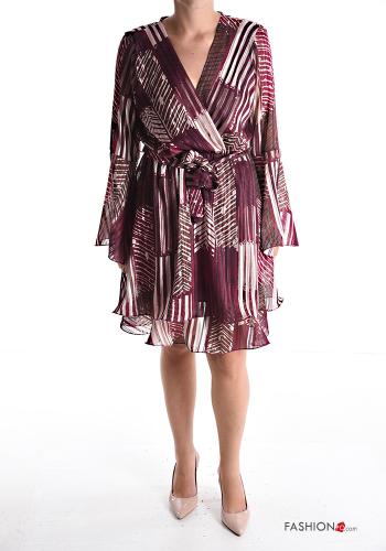 Vestido manga volante gasa manga larga por la rodilla Estampado abstracto con cuello en v con volantes con cinturón de tela - ph 1