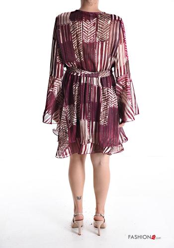 Vestido manga volante gasa manga larga por la rodilla Estampado abstracto con cuello en v con volantes con cinturón de tela - ph 2