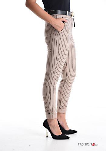 Streifenmuster skinny Hose mit Gürtel mit Reißverschluss mit Taschen mit Knöpfen - ph 3