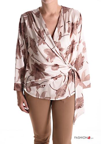 Blumenmuster lange ärmel Bluse mit V-Ausschnitt mit knoten - ph 1