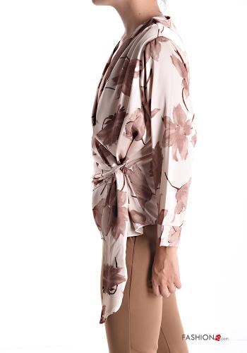 Blumenmuster lange ärmel Bluse mit V-Ausschnitt mit knoten - ph 3