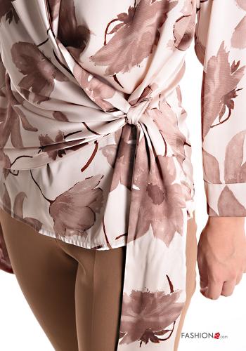 Blumenmuster lange ärmel Bluse mit V-Ausschnitt mit knoten - ph 4