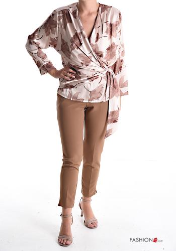 Blumenmuster lange ärmel Bluse mit V-Ausschnitt mit knoten - ph 5