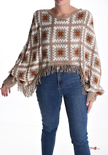 Pull en Coton au crochet col rond manches longues à broderie à franges - ph 1