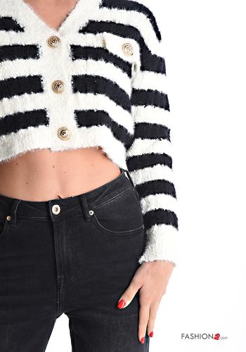 Gilet manches longues courte Imprimé à rayures à boutons à col en V - ph 4