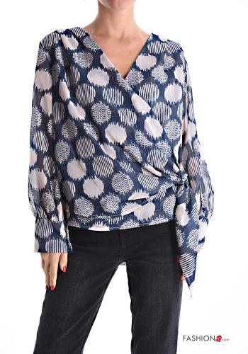 Blusa maniche lunghe chiffon Fantasia astratta scollo a V con nodo - ph 1