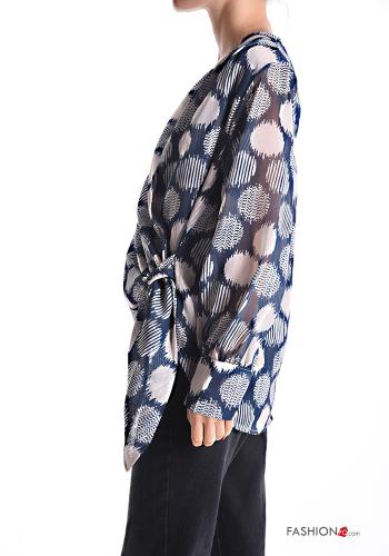 Blusa maniche lunghe chiffon Fantasia astratta scollo a V con nodo - ph 3