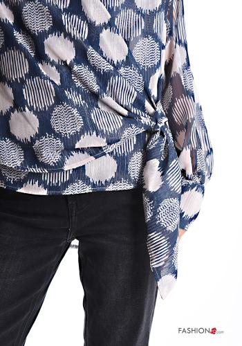 Blusa maniche lunghe chiffon Fantasia astratta scollo a V con nodo - ph 4