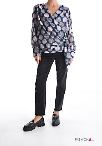 Blusa maniche lunghe chiffon Fantasia astratta scollo a V con nodo - ph 5