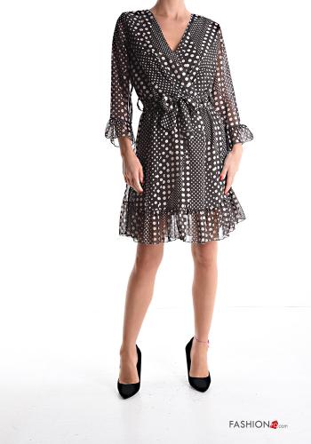 Robe chiffon à genoux Imprimé à pois manches à trois-quarts à col en V à volants avec ceinture en tissu - ph 1