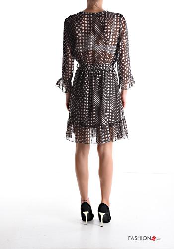Robe chiffon à genoux Imprimé à pois manches à trois-quarts à col en V à volants avec ceinture en tissu - ph 2