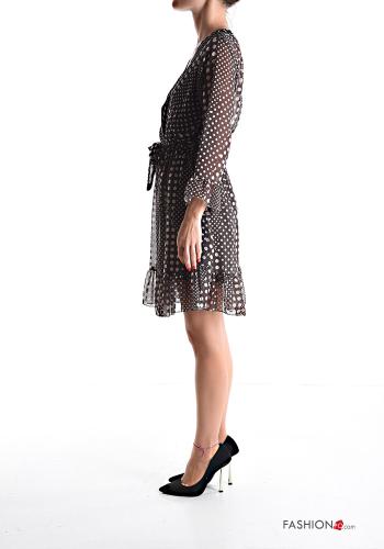 Robe chiffon à genoux Imprimé à pois manches à trois-quarts à col en V à volants avec ceinture en tissu - ph 3