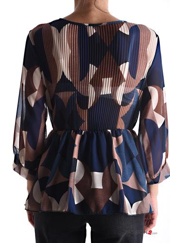 Blusa plissé Fantasia geometrica maniche a tre quarti scollo a V con elastico - ph 2