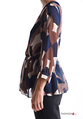 Blusa plissé Fantasia geometrica maniche a tre quarti scollo a V con elastico - ph 3
