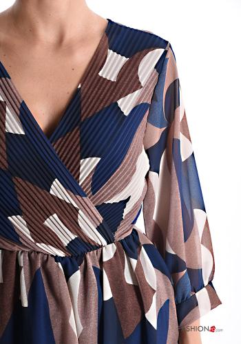 Blusa plissé Fantasia geometrica maniche a tre quarti scollo a V con elastico - ph 4