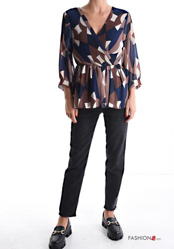 Blusa plissé Fantasia geometrica maniche a tre quarti scollo a V con elastico - ph 5
