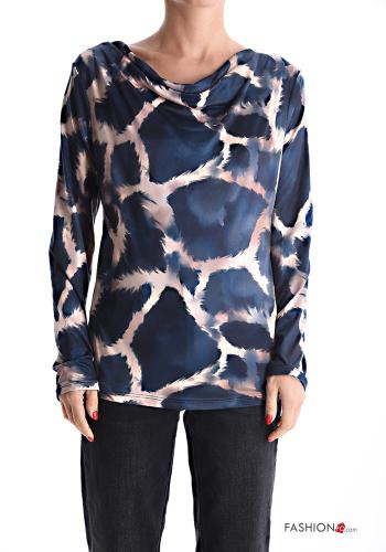 Abstract print long sleeve Blouse with knot boat neckline - ph 1