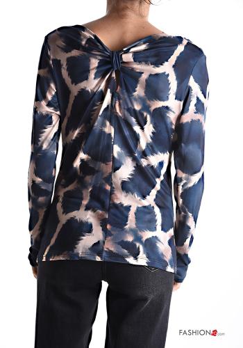 Abstract print long sleeve Blouse with knot boat neckline - ph 2