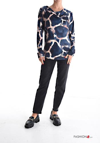 Abstract print long sleeve Blouse with knot boat neckline - ph 5