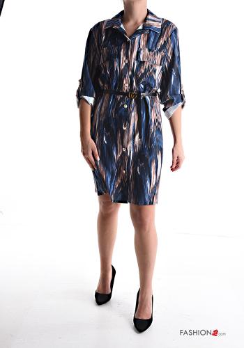 Robe chemise à genoux à collet Imprimé abstrait avec ceinture avec poches à boutons - ph 1