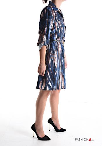 Robe chemise à genoux à collet Imprimé abstrait avec ceinture avec poches à boutons - ph 3